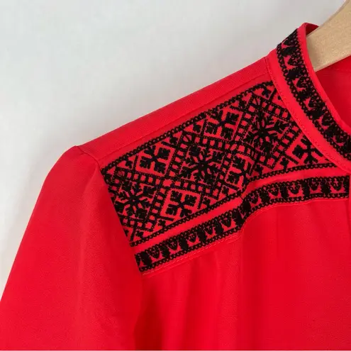 ELXSI Coral Chiffon Embroidered Button Front Top Split Neck Mandarin Collar Pink Size XL