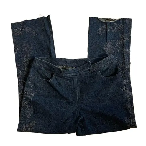 St. John Couture Jeans Sz 12 Wide Leg Raw Hem Embroidered Preppy Cropped Casual