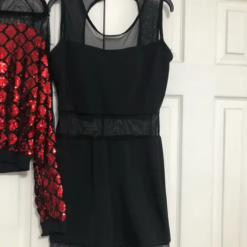 Awish dance costume large adult Red Sequin Jacket and Black ONE PIECE mesh detai