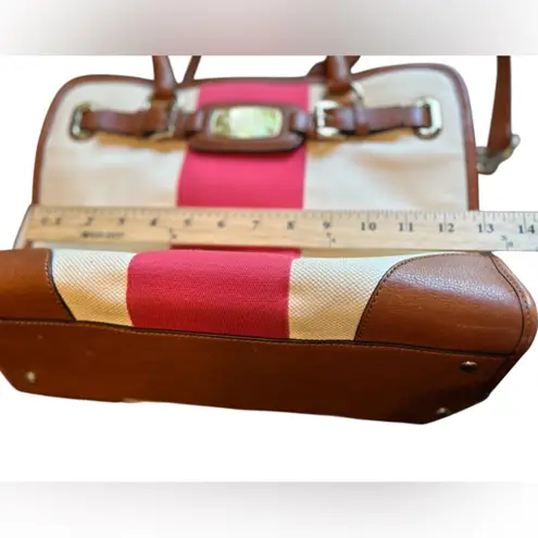 Michael Kors Michael Kors Hamilton Stripe Satchel Bag Ivory Red Brown Leather Trim