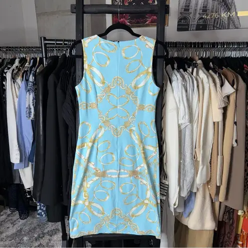 J. McLaughlin Sky Blue Gold Chain Print Sleeveless Sheath Dress