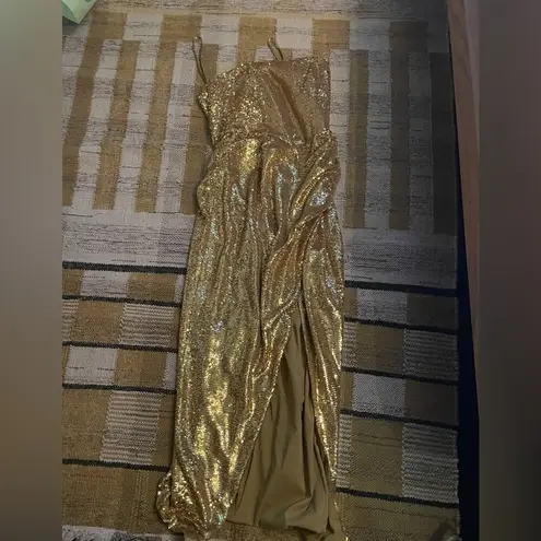 LBV gold strapless sequin asymmetrical gown Size 2