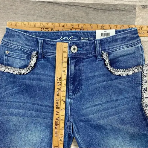 INC International Concepts Skinny Jeans Tweed Fringe Side Mid Rise Size 0 NWT Blue