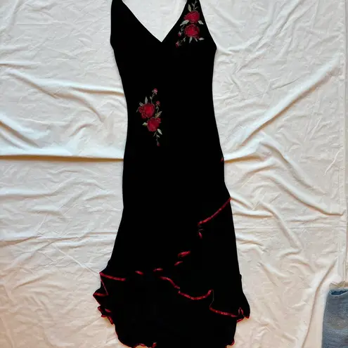 Lip service lipstick vintage black halter neck dress with red flower details