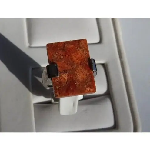 Sterling Silver Ring, Large Red Orange Stone, Sz 6