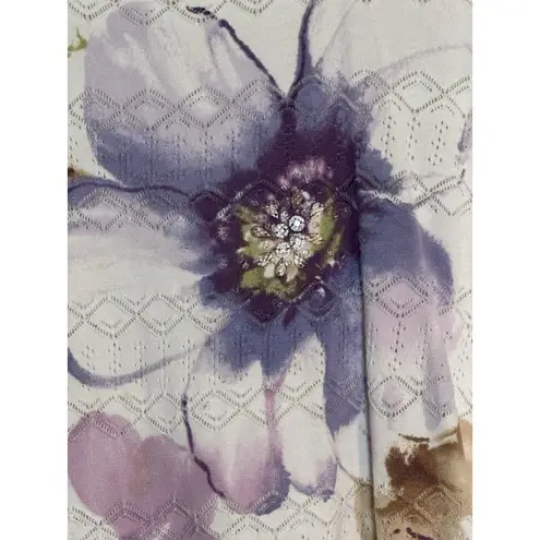 Alfred Dunner Women's Short Sleeve Top, Floral Patter, White/Purple, Sequin, XL White