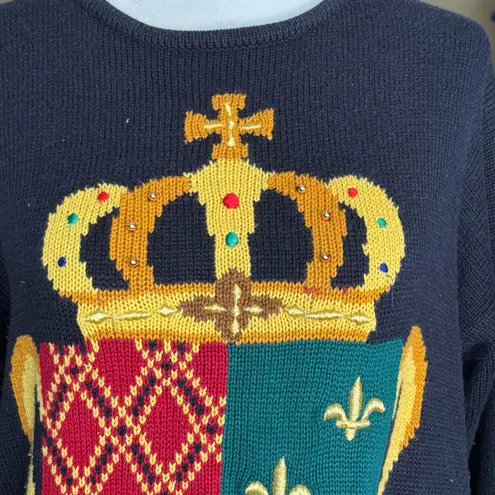 Vintage 90s Marisa Christina Black Knit Crewneck Crest Coat of Arms Sweater Blue Size M