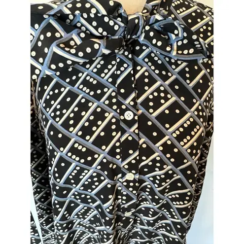 LK Bennett Dress Women 4 Black Blue Silk Domino Tie Neck Lotte Mini Shirt Dress