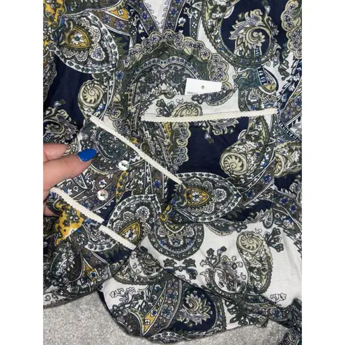 Magaschoni Linen Floral Button Up Size Large Button Tie Front