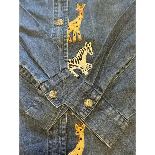 Keren Hart Denim Shirt Women Size Small Embroidered Long Sleeve Safari Read Blue