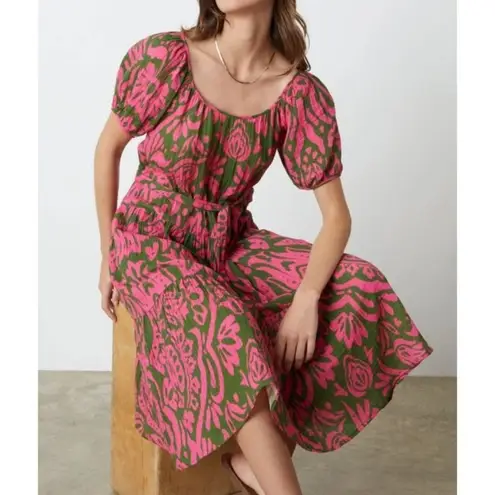 Velvet By Graham & Spencer MADILYN Printed Cotton Gauze Puff Sleeve Midi Dress L Pink Size L