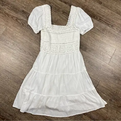 Jessica Simpson  Dress Women M White Square Neck Tiered Rayon Lined Mini Crochet