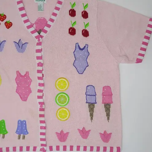 Quacker Factory Vintage 90s Sweet Treats Short Sleeve Cardigan Sweater