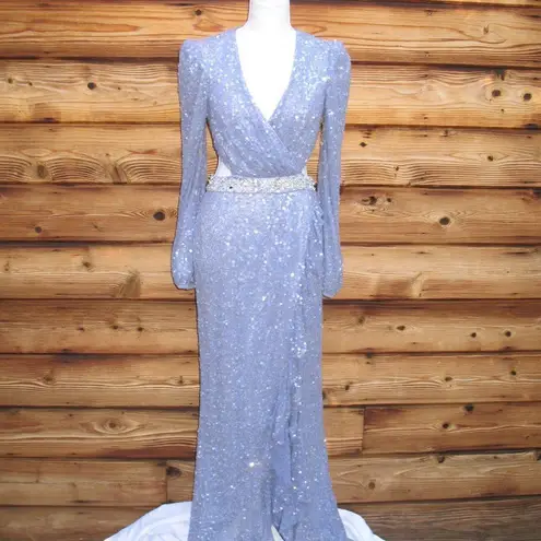 Mac Duggal 5745 Womens Sequined Faux Wrap Cut Out Puff Sleeve Gown Dress