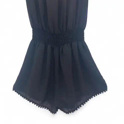 Patrizia Pepe Romper Women's S Smocked Neck & Waist Pom Pom Trim Silky Black