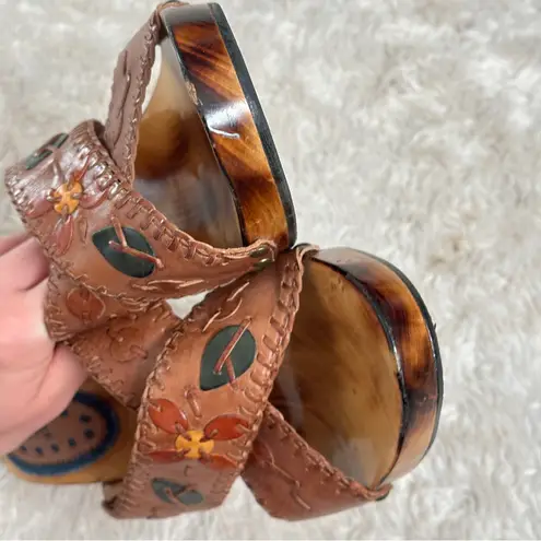 Carlos Santana Vintage Wood Platform Brown Leather Wedge Sandals Heels