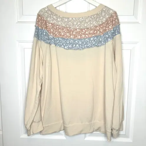 Sugarfox Floral Patchwork Seam Stitch Long Sleeve Casual Sweatshirt Top 1XL Tan Size 1X