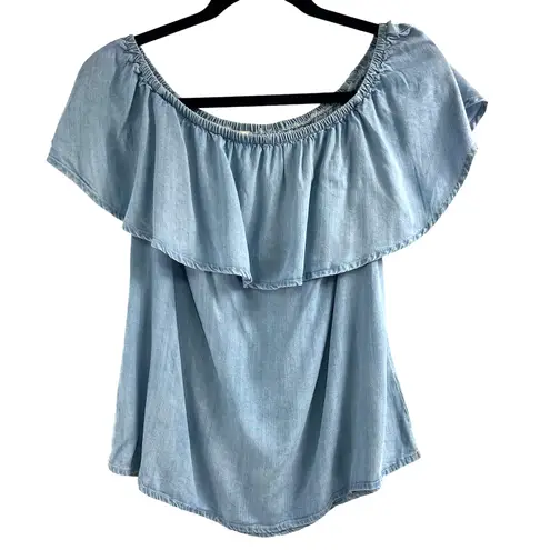 Evereve Allison Joy Chambray Flounce Top Size S Stretch Ruffle Romantic Casual