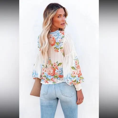 White Striped Floral Print Smocked Lantern Long Sleeve Blouse