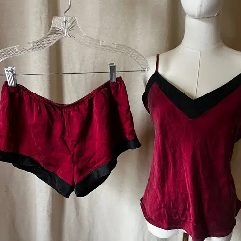 100% silk burgundy red & black camisole shorts pajama set women's XS/small