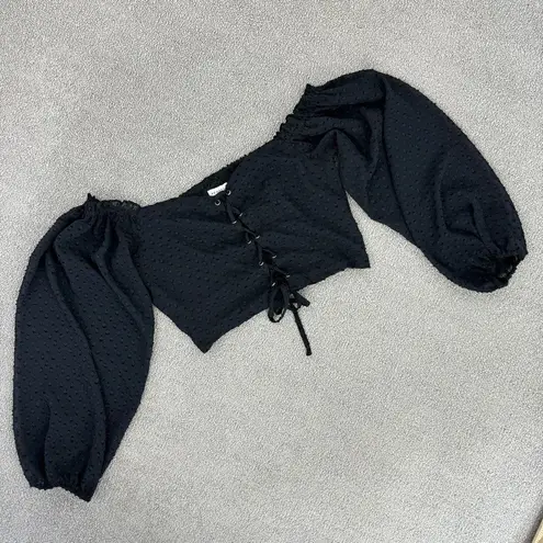 Aeropostale  Clip Dot‎ Lace Up Off The Shoulder Crop Top Black Medium Sheer