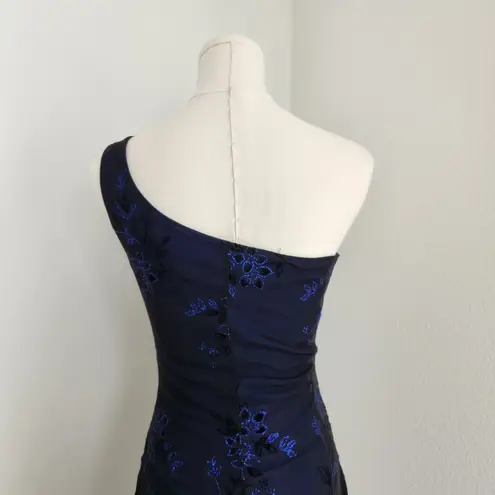 Y2K Deb One Shoulder Black Tiered Mini Dress Blue Floral Drop Waist Bow XS