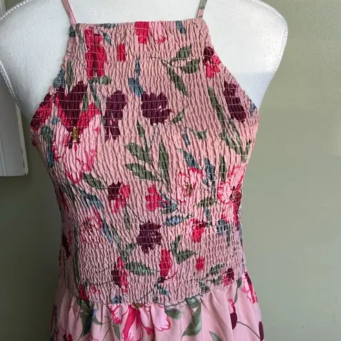 Simplee Apparel Simplee Raccolta Carta pink floral crisscross back smock tier ruffle maxi dress