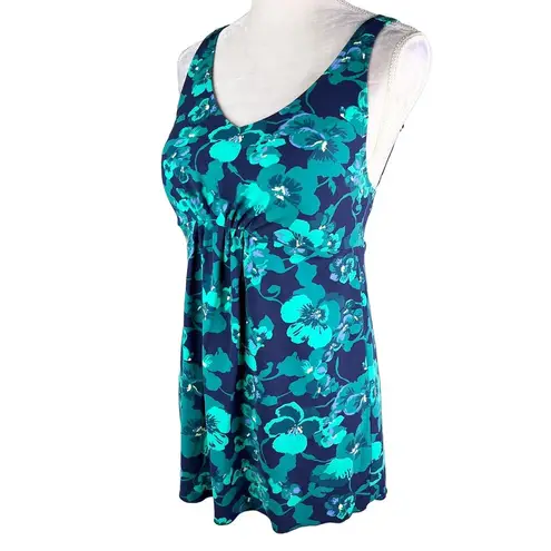 L.L.Bean  Soft Drape Tankini Top 12 Blue Green Floral Adjustable UPF 50+