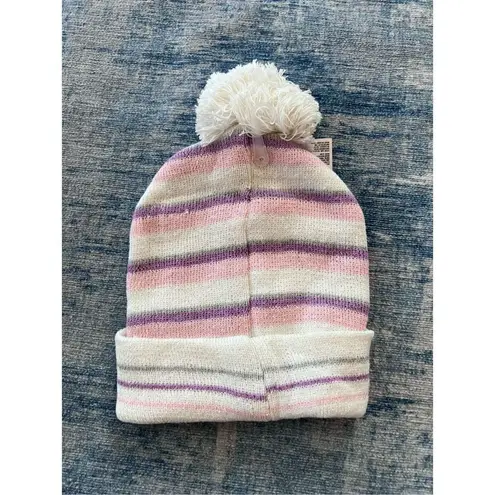 NWT! Juncture White Pink Purple Stripe Beanie Hat w Pom Womens OS