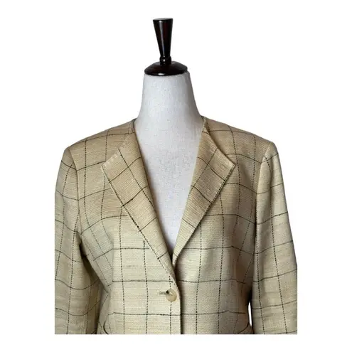 Max Mara  Tan And Black Plaid Silk And‎ Linen Blend Two Button Blazer Size 12