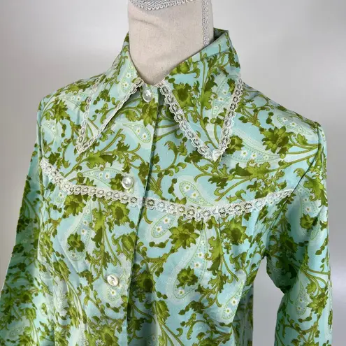 Vintage 70s Paisley Sleep Set Petite Psychedelic Dagger Collar Green Pajamas Size L