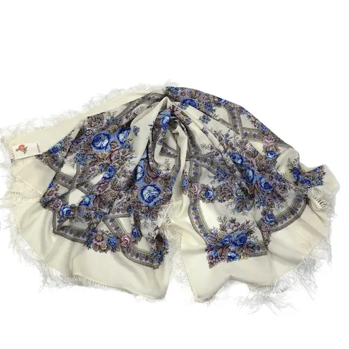 PAVLOVO PASAD Russian Wool/Silk Floral Shawl 59X57.5" Elegant Versatile Rare NWT White