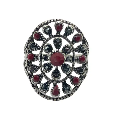 Silver, Red, and Black Rhinestone Statement Ring