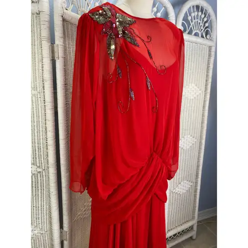 Vintage 1980s Red Beaded Floral Chiffon Gown Donzia Drop Waist Glam Dynasty Size 14P