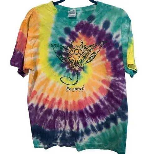 Cozumel Mexico Hand Tie Dye Short Sleeve Graphic Tee Shirt Rainbow Medium Pink