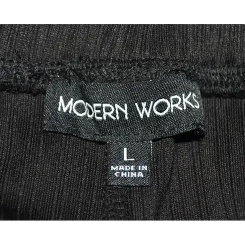Modern Works Ladies L Black Ribbed Casual Pull On Pants Pockets Wide Leg Comfy Size L