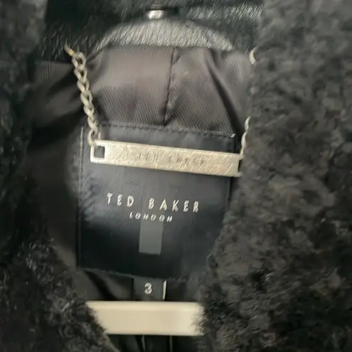 NWT Ted Baker Basile Shearling Collar Harrington Black Leather Jacket Size 3 Size M