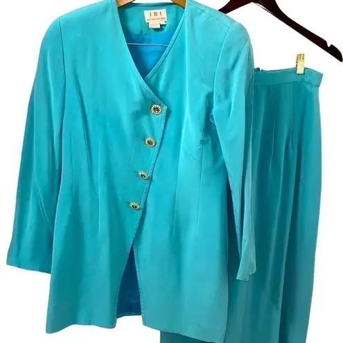 ISI turquoise blue π― silk pantsuit. Tunic jacket wide leg palazzo pant. Size 6.