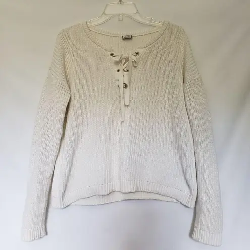 Pimkie Lace Up Ribbed Womens Sweater Size 6 Neutral Grommets Cozy Minimalist