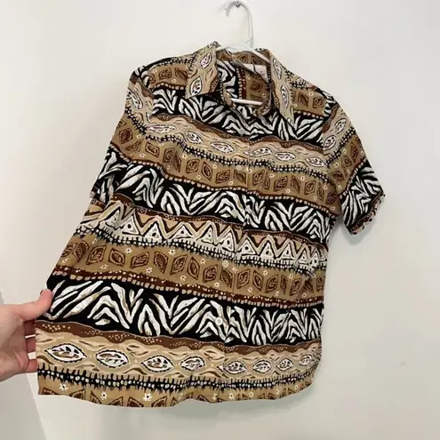 Alfred Dunner Tan Brown White Geometric Striped Tribal Animal Button Down PETITE