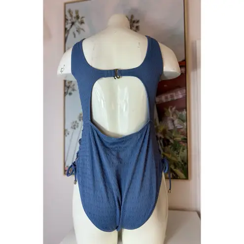 Time and Tru Slate Blue Textured Lace Up Cutout One Piece Swimsuit Size Large