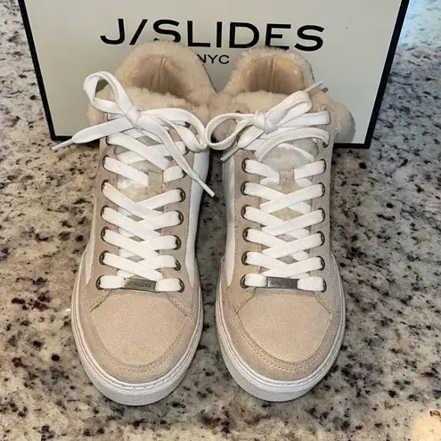 J/Slides Leslie Sheep Hair Trimmed Leather Sneaker Shoes Size 6 Tan White