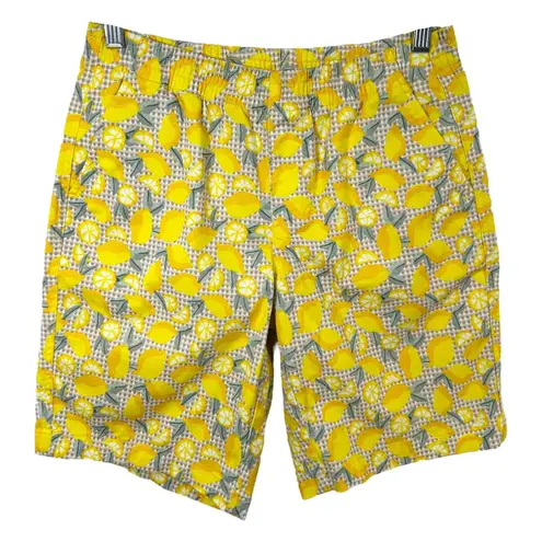 Lands End Size 4P Chino Shorts Lemon Print Gingham Yellow Elastic Mid Rise 549