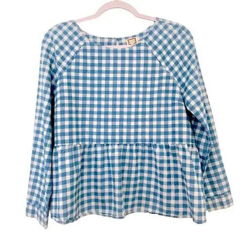 Anthropologie Mo:Vint New York by  Women’s Gingham Check Peplum Blue Top SZ Small