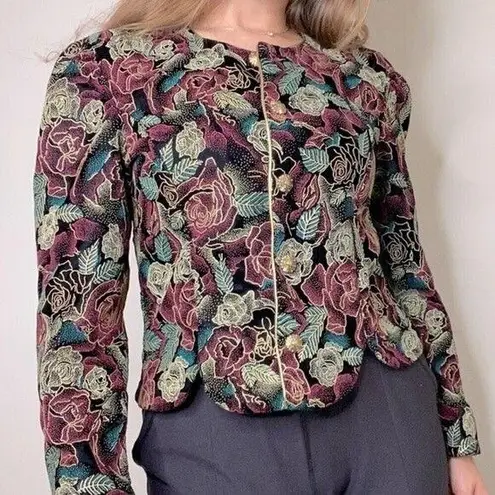 Another Thyme Vintage 90s Velvet Floral Gold Metallic Sparkle Blazer Size PM Black