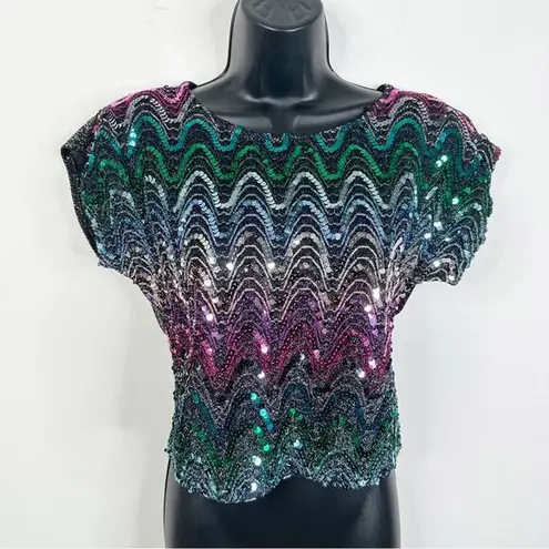 Vintage Rio Blouse Rainbow Sequin Shimmer Short Sleeve Shirt Size Small Pink