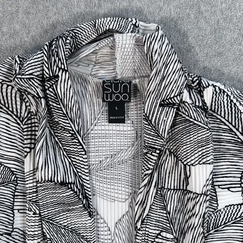 Clara Sun Woo Open Cardigan Sweater Women's Large Black White Leaf Print Ribbed