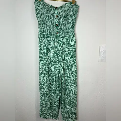 Green Smocked Strapless Jumpsuit | Polka Dot Print Wide Leg One Piece | Size XL