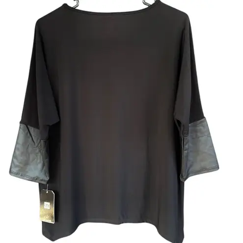 NWT Clara Sun Woo Faux Leather Sleeve Top Black Generous Size XS