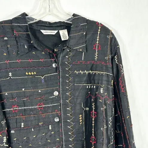 Laura Ashley Size Large Top Beaded Silk Black Embroidered Button Up Blouse 1488